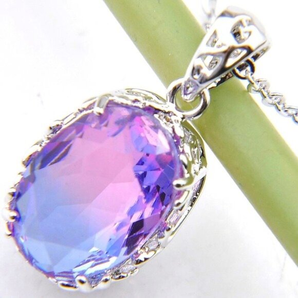 Bi Colored Tourmaline Oval Pendant Necklace 925 Sterling Silver Plated - Picture 3 of 7